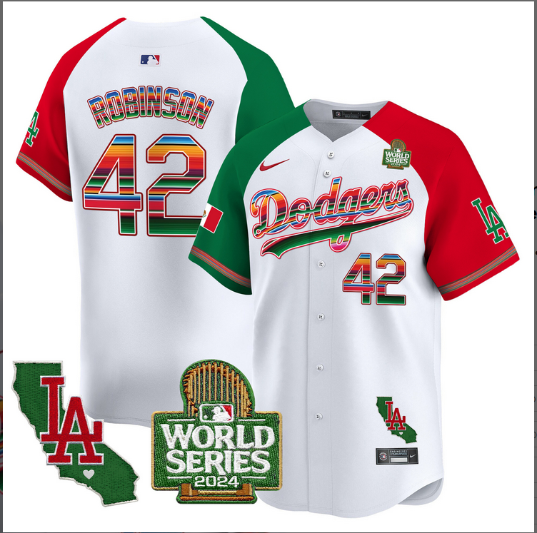 Men MLB Mexico Los Angeles Dodgers 42 Robinson white 2024 World Series Champions Patch Jersey 20241105 style 2